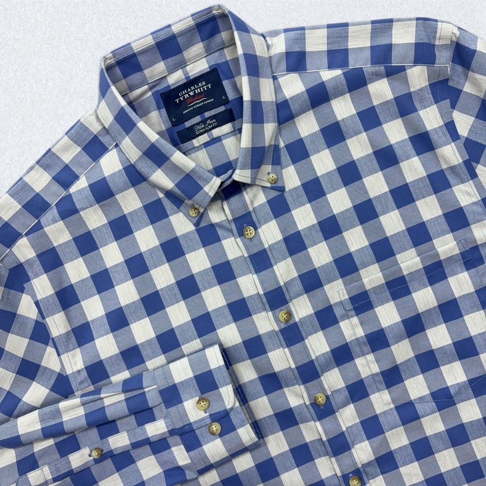 Charles Tyrwhitt Button Down Shirt Mens Large Blue Check Extra Slim Fit Cotton
